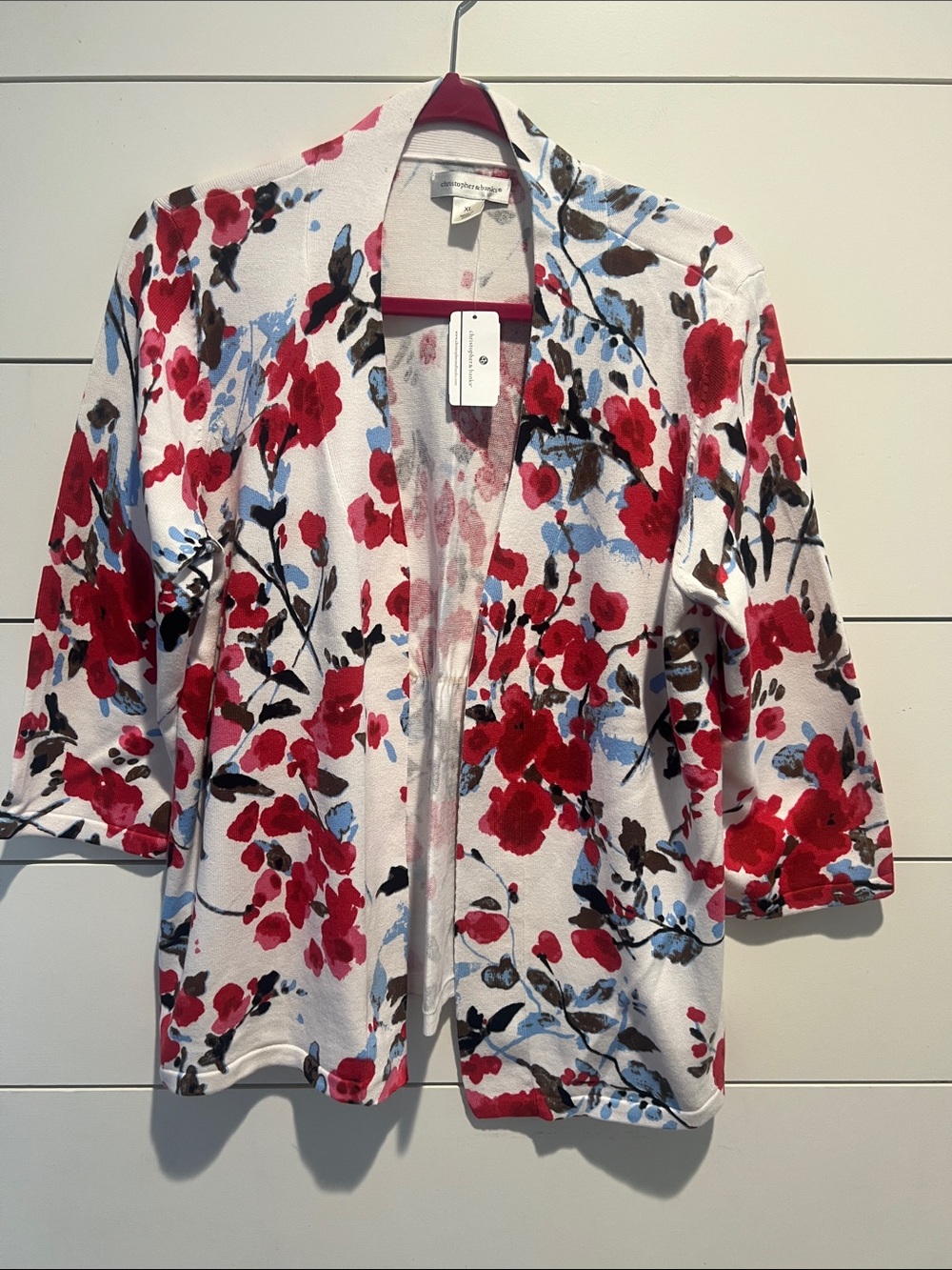Stunning Open-Front Women's Cardigan - Red Blue Floral XL